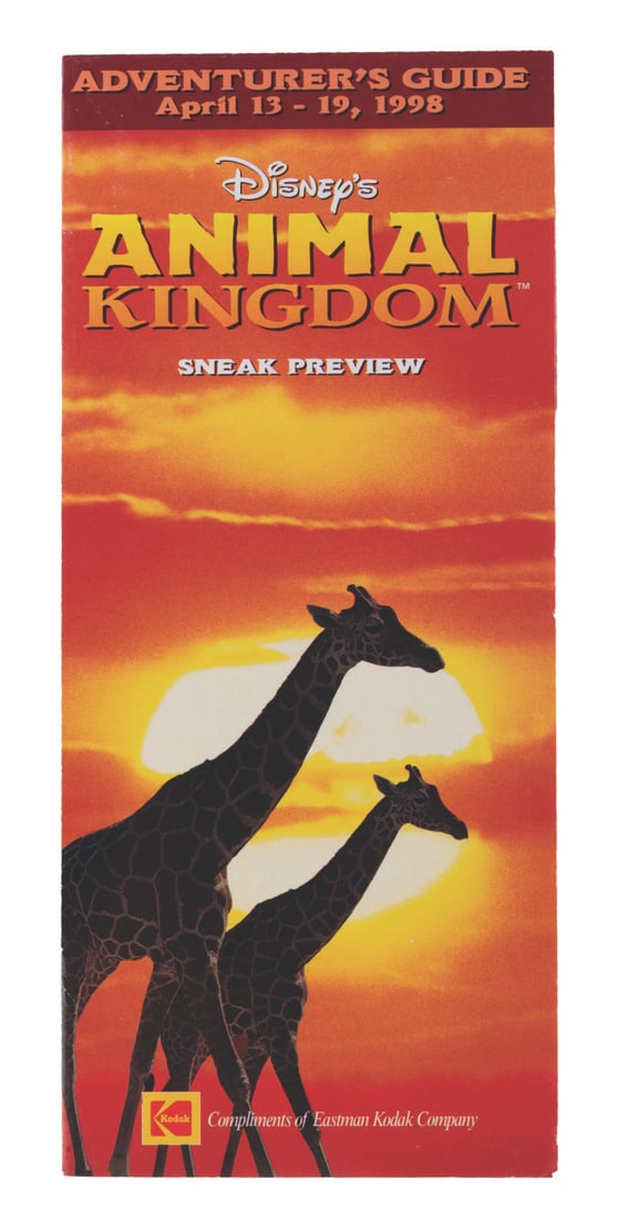 A Disney's Animal Kingdom Sneak Preview Map.: (Disney’s Animal Kingdom, 1998) A souvenir map for Disney's Animal Kingdom, advertising the sneak preview from April 13 - 19, 1998. The map features the Park layout and points of interest. Measuring
