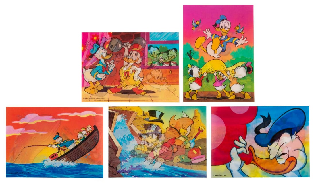 Tokyo Disneyland Donald Duck Lenticular Postcards.: (Tokyo Disneyland, 1980s) A collection of five lenticular postcards from the early years of Tokyo Disneyland, all featuring Donald Duck and his family. Measuring 4.25" x 5.75", the cards are in very g