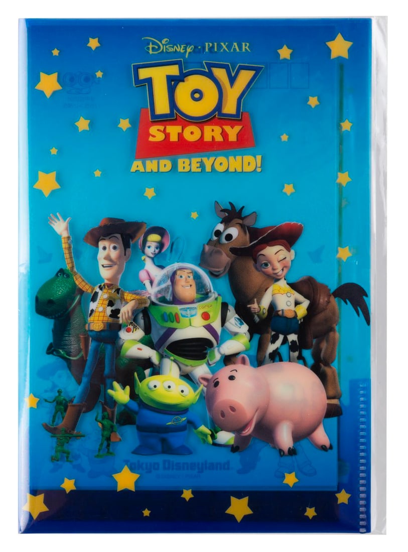 A "Toy Story" Tokyo Disneyland Postcard Set.: (Tokyo Disneyland, 2000s) A sealed set of ten "Toy Story And Beyond!" postcards from Tokyo Disneyland. The 4" x 6" postcards come housed in a 4.5" x 6.75" plastic folder. The set is in fine, unopened 