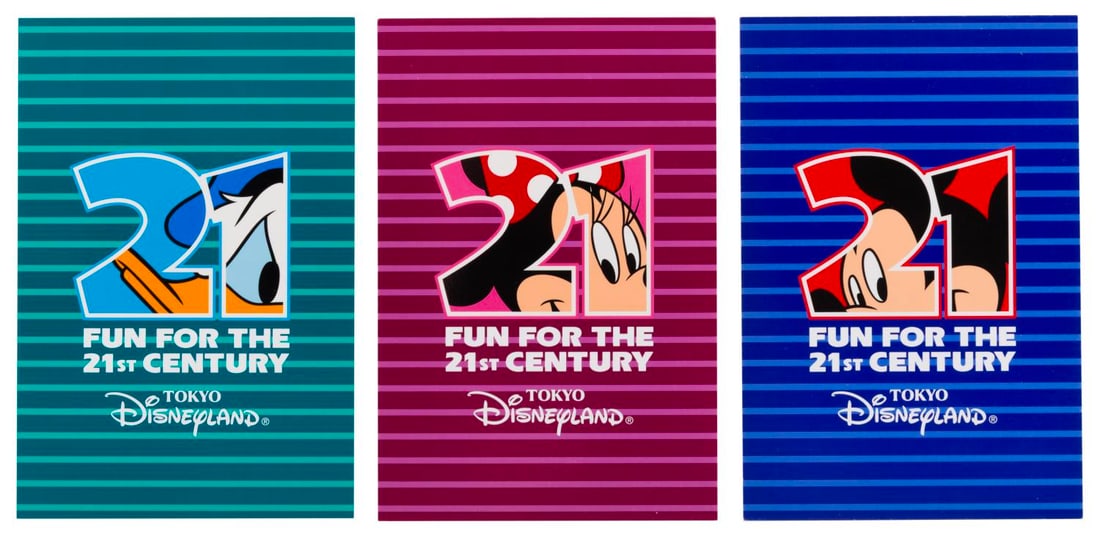 Three Tokyo Disneyland 21st Century Postcards.: (Tokyo Disneyland, 2000-01) Three postcards of Mickey, Minnie, and Donald from Tokyo Disneyland?s "Fun for the 21st Century" series celebrating the new millennium. Measuring 4" x 6", the postcards are