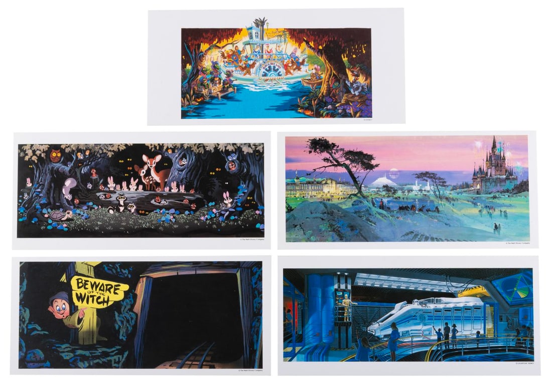 A Set of Tokyo Disneyland Disney Gallery Postcards.: (Tokyo Disneyland, 1990s) A collection of concept art postcards from the Disney Gallery at Tokyo Disneyland, with concepts from Snow White's Scary Adventures, Tokyo Disneyland, Splash Mountain, and St