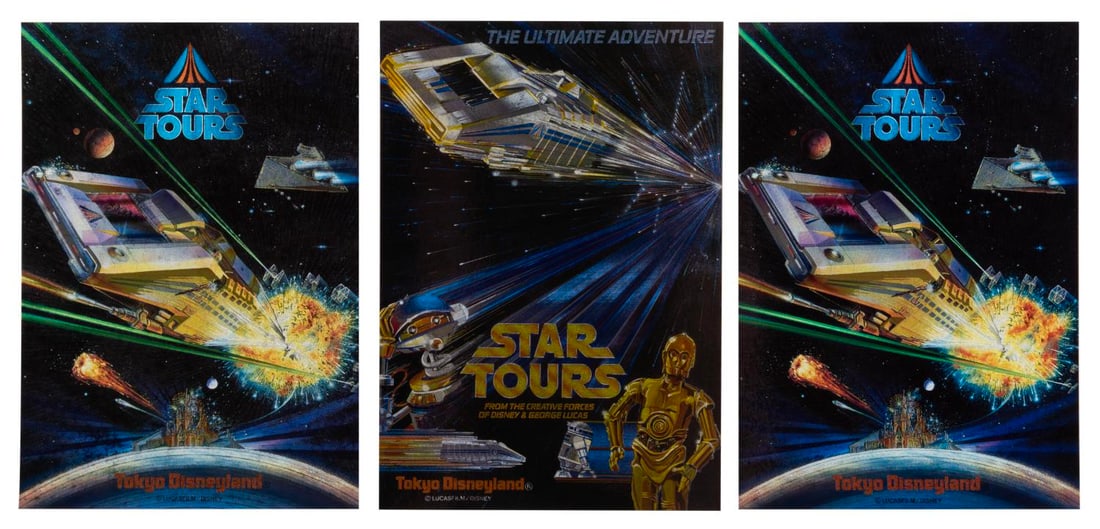 Three Tokyo Disneyland Star Tours Postcards.: (Tokyo Disneyland, 1980s-90s) Three Star Tours holographic postcards, featuring two different poster images for the popular attraction. Measuring 4" x 6", the postcards are in fine condition.