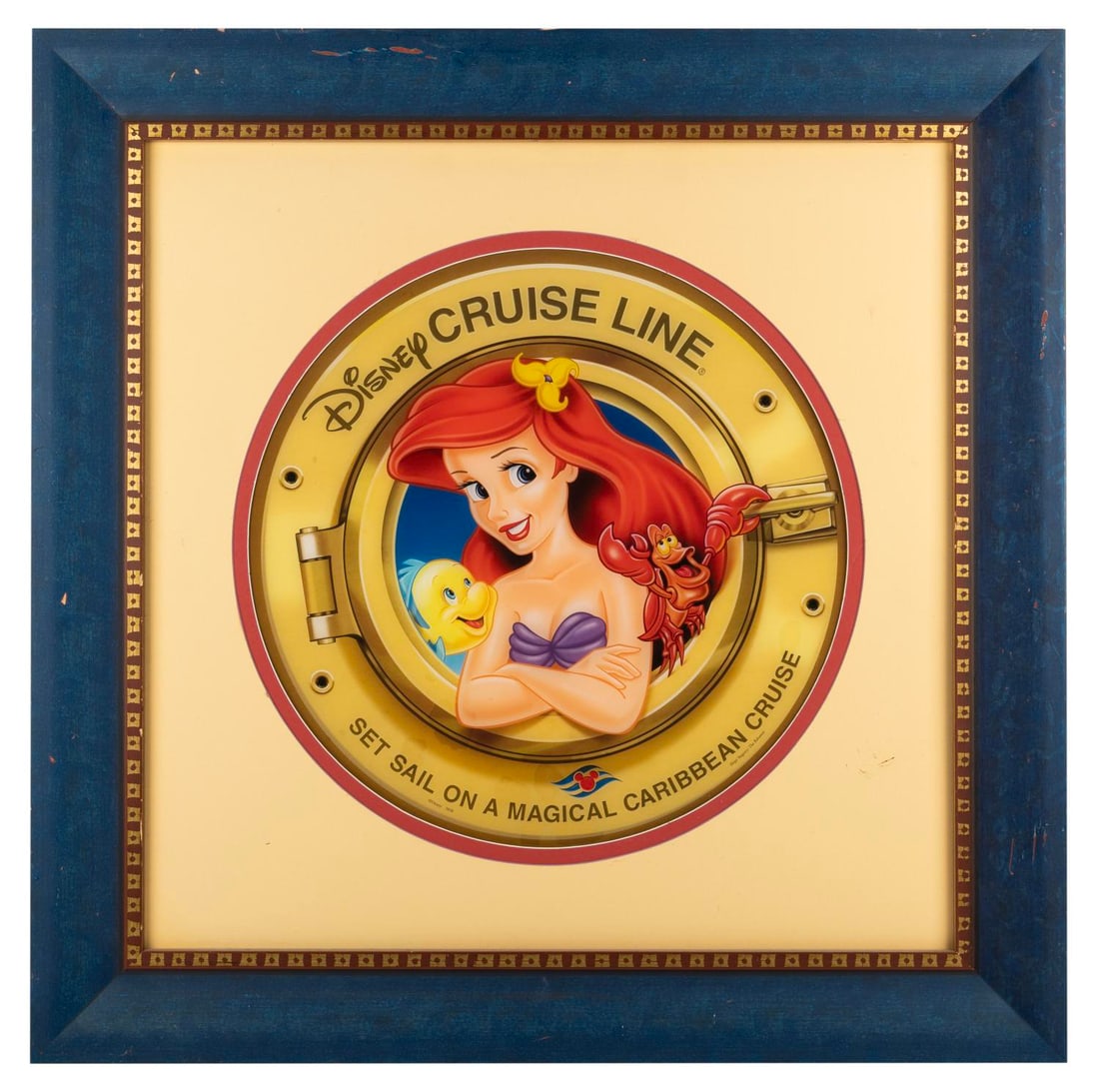 A Disney Cruise Line Ariel Porthole Ad.: (Disney Cruise Line, 2010s) A plastic porthole-shaped advertisement for the Disney Cruise Line, featuring Ariel, Sebastian, and Flounder from "The Little Mermaid." Measuring 19.5" in diameter and hous