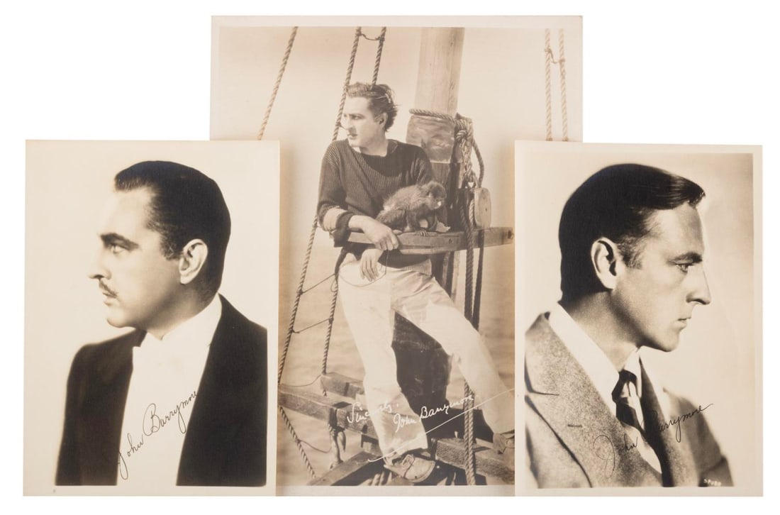 A Trio of John Barrymore Fan Cards.: (Barrymore, 1920s-30s) Three photos of actor John Barrymore with preprinted signatures. Measuring from 5" x 7" to 7.5" x 9.5", the photos are in very good condition with a gentle crease to one of the