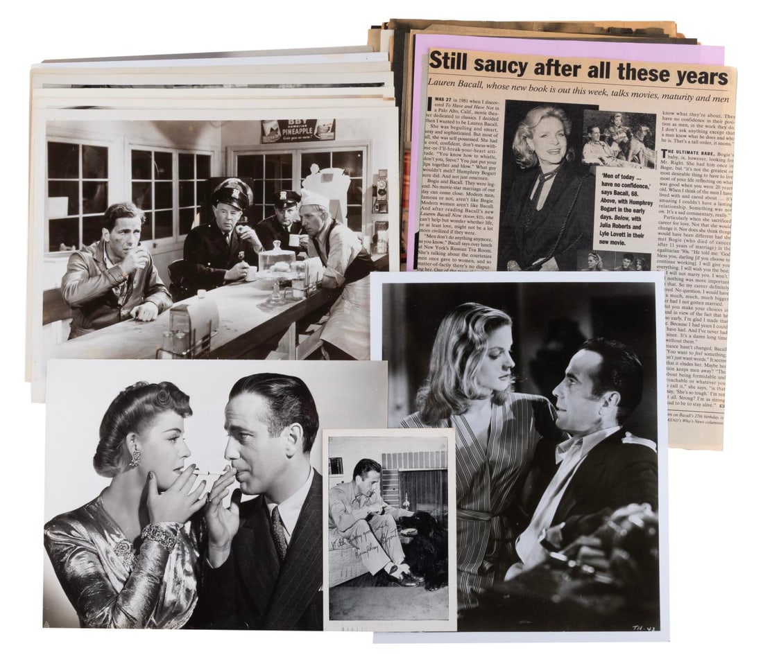A Collection of Humphrey Bogart Photographs and Clippings.: (Bogart, 1940s) A collection of nine publicity photos of Humphrey Bogart in various film roles. Also included is a wartime fan card with preprinted autograph, and over two dozen magazine clippings
