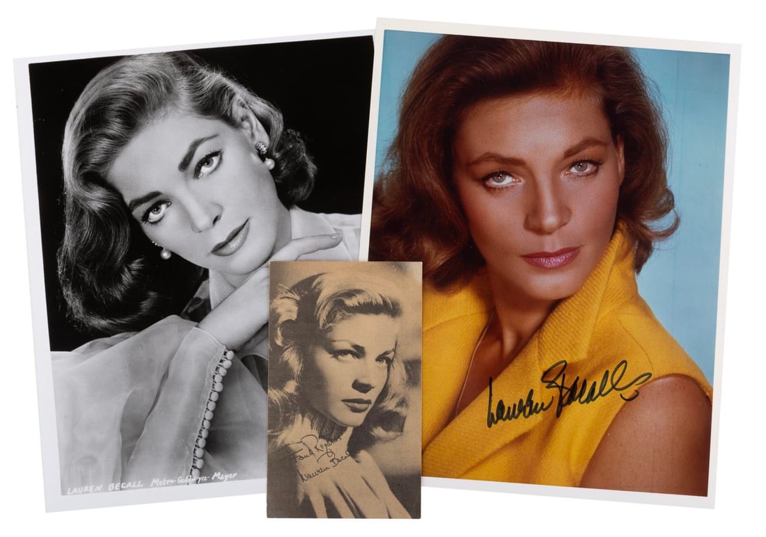 A Lauren Bacall Signed Photograph with Ephemera.: (Bacall, 1940s-90s) An autographed color photo of actress Lauren Bacall. Also included are a black and white portrait and an early fan card from Warner Bros. The collection is in very good condition.