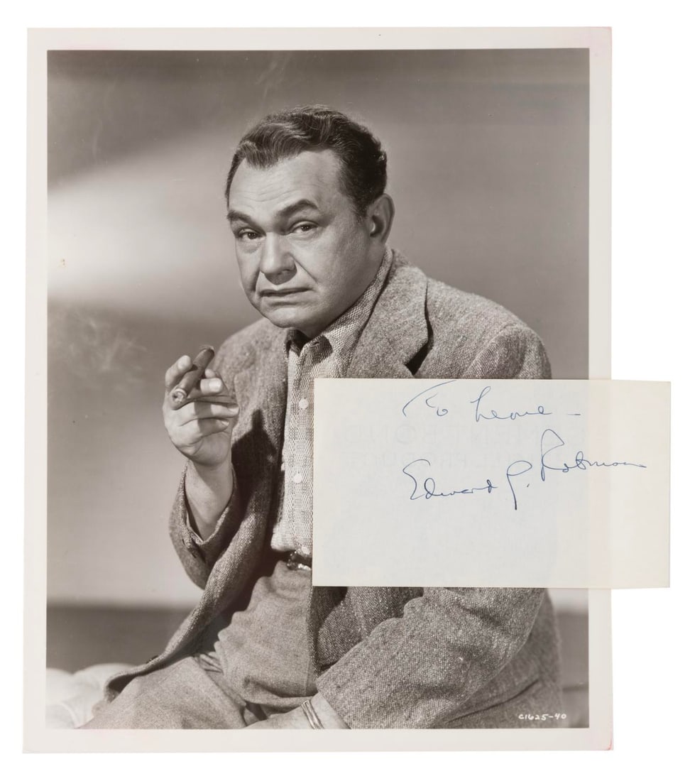 An Edward G. Robinson Autograph and Photo.: (MGM, 1953) A clipped autograph from screen great Edward G. Robinson, paired with a photo of him in 1953?s "The Big Leaguer." The autograph with dedication on 2.75" x 4.75" paper is in fine