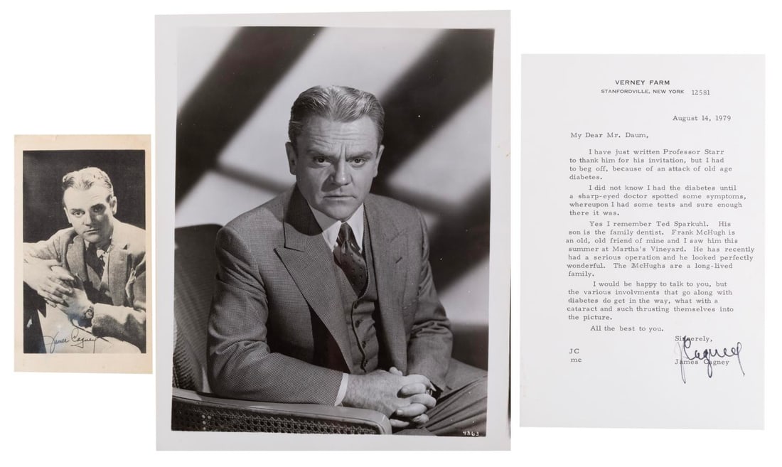 A James Cagney Fan Card, Signed Letter, and Publicity Photo.: (Cagney, 1930s-79) A collection of James Cagney memorabilia. Included are a 1930s fan card with a printed signature, a 1940s publicity photo, and a typed letter the actor personally signed in 1979.