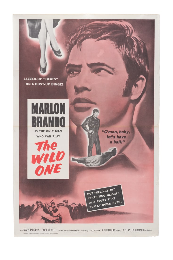 A "Wild One" One-Sheet.: (Columbia, 1960) A One-sheet for Marlon Brando in "The Wild One." Measuring 27" x 41" the poster is in good condition with a 2.5" tear along the center fold line and spots of discoloration along the