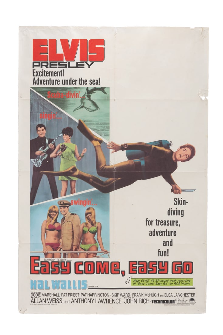 An Elvis "Easy Come, Easy Go" One-Sheet.: (Paramount, 1967) A one-sheet for the Elvis Presley musical "Easy Come, Easy Go." Measuring 27" x 41", the poster is in fair condition with creasing, edge wear, multiple pinholes in the corners, and