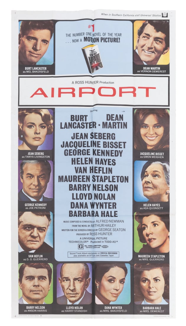 An "Airport" Three-Sheet.: (Universal, 1970) A three-sheet poster for the star-studded disaster film "Airport." Measuring 41" x 77", the poster displays in good condition with pinholes along edges and at corners, and wear