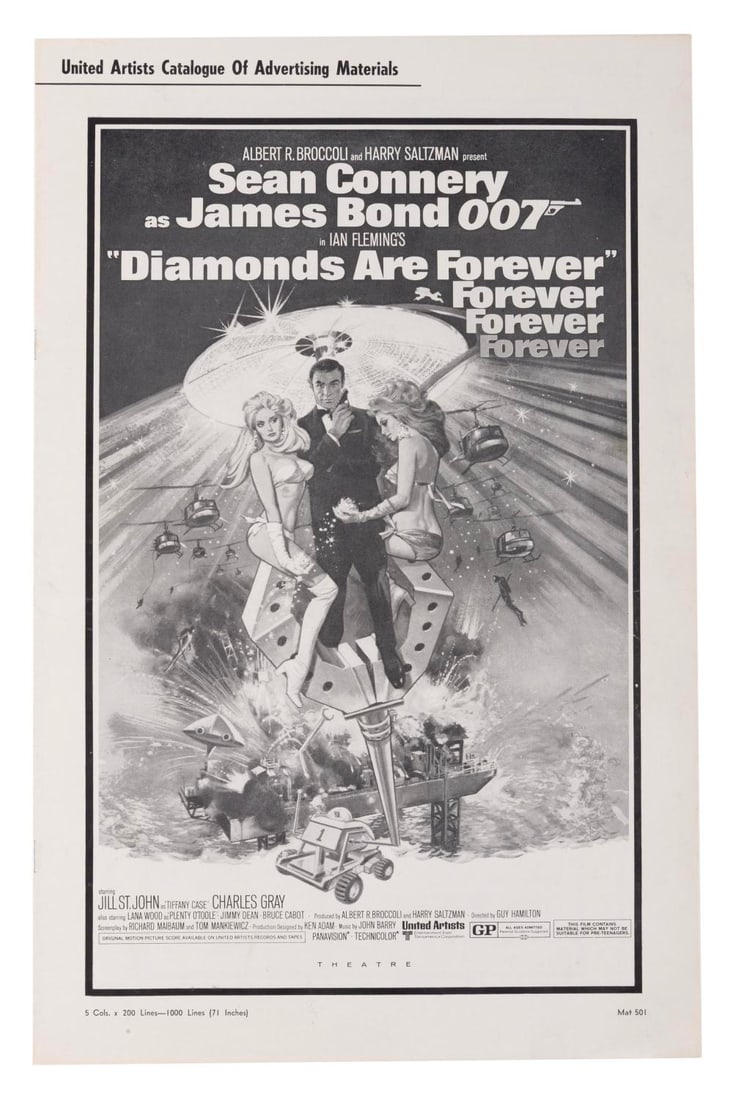 A James Bond "Diamonds are Forever" Pressbook.: (United Artists, 1971) A pressbook for the James Bond film "Diamonds Are Forever" starring Sean Connery, containing ad layouts and publicity stories for local theaters to promote the film. Measuring