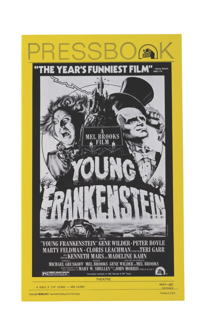A "Young Frankenstein" Press Book.: (20th Century-Fox, 1974) A press book for Mel Brooks' comedy classic "Young Frankenstein" starring Gene Wilder and Peter Boyle. Measuring 8.5" x 14", the press book is in good condition with creases a