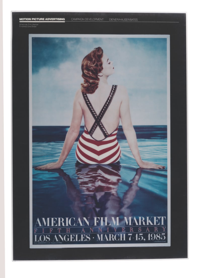 An American Film Market Anniversary Event Presentation Board.: (AFM, 1985) A laminated presentation board of the poster for the American Film Market 5th Anniversary Event. Measuring 12.25" x 17.25", the laminated board is in very good production-used condition