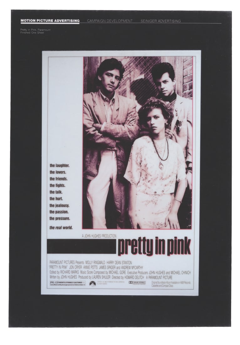A "Pretty in Pink" One-Sheet Presentation Board.: (Paramount, 1986) A laminated presentation board of the one-sheet for "Pretty in Pink." Measuring 12.25" x 17.25", the laminated board is in good production-used condition with scuffs, scratches, and