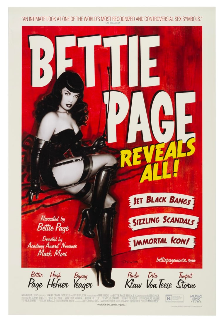 A "Bettie Page Reveals All" One-Sheet.: (Music Box Films, 2012) A one-sheet for the documentary film "Bettie Page Reveals All." Measuring 27" x 40", the poster is in very good condition with light creasing.