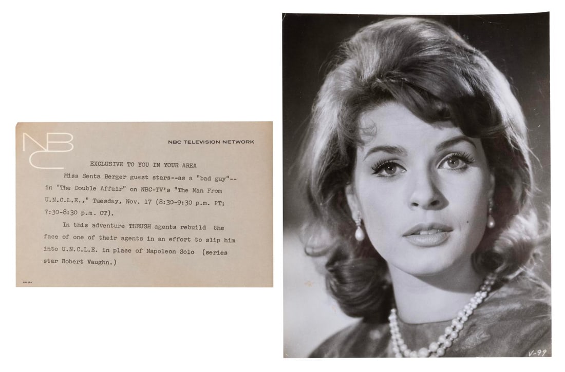 A "Man From U.N.C.L.E. Photograph and Press Release.: (NBC, 1964) A "Man From U. N.C.L.E." photo and press release featuring actress Senta Berger in the episode "The Double Affair." The 7.25" x 9.25" print is in good condition with handling wear,