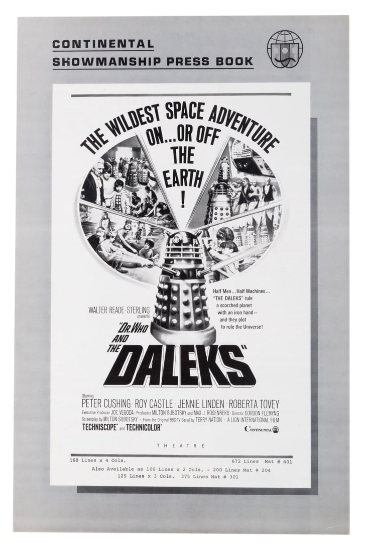 A "Dr. Who and the Daleks" Press Book.: (Regal, 1965) A press book for the film "Dr. Who and the Daleks," loosely based on the television series "Doctor Who." Measuring 11" x 17", the press book is in good condition with creases and edge