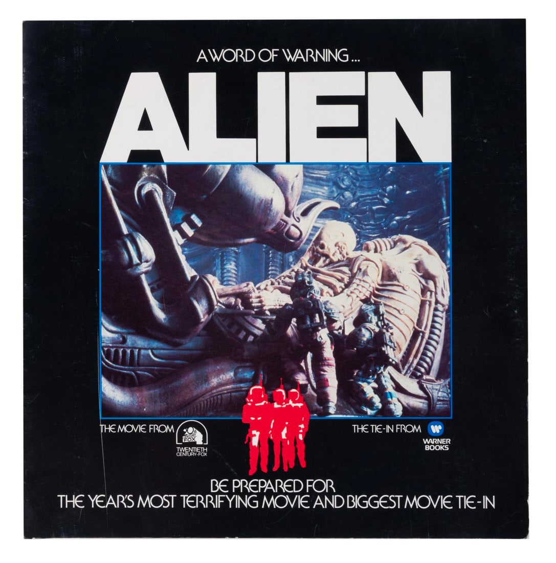 A 1979 "Alien" Promo Tie-In Guide.: (20th Century-Fox/Warner Books, 1979) A rare book tie-in guide for the movie "Alien." The tri-fold brochure details the novelization of the film available to retailers alongside images from the film a