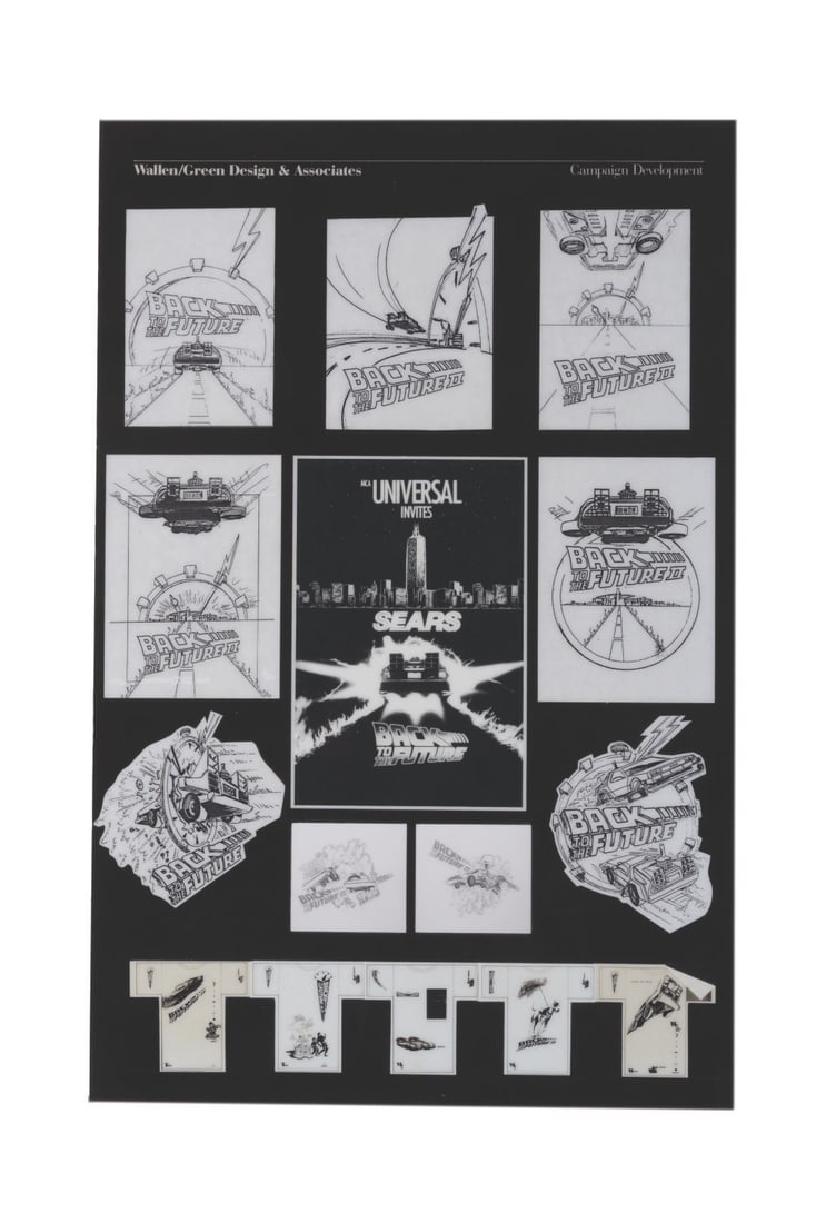A "Back to the Future" Advertising Presentation Board.: (Amblin, 1985) A laminated presentation board showing concept art of poster variations and merchandise for "Back to the Future." Measuring 11.5" x 17.5", the laminated board is in good