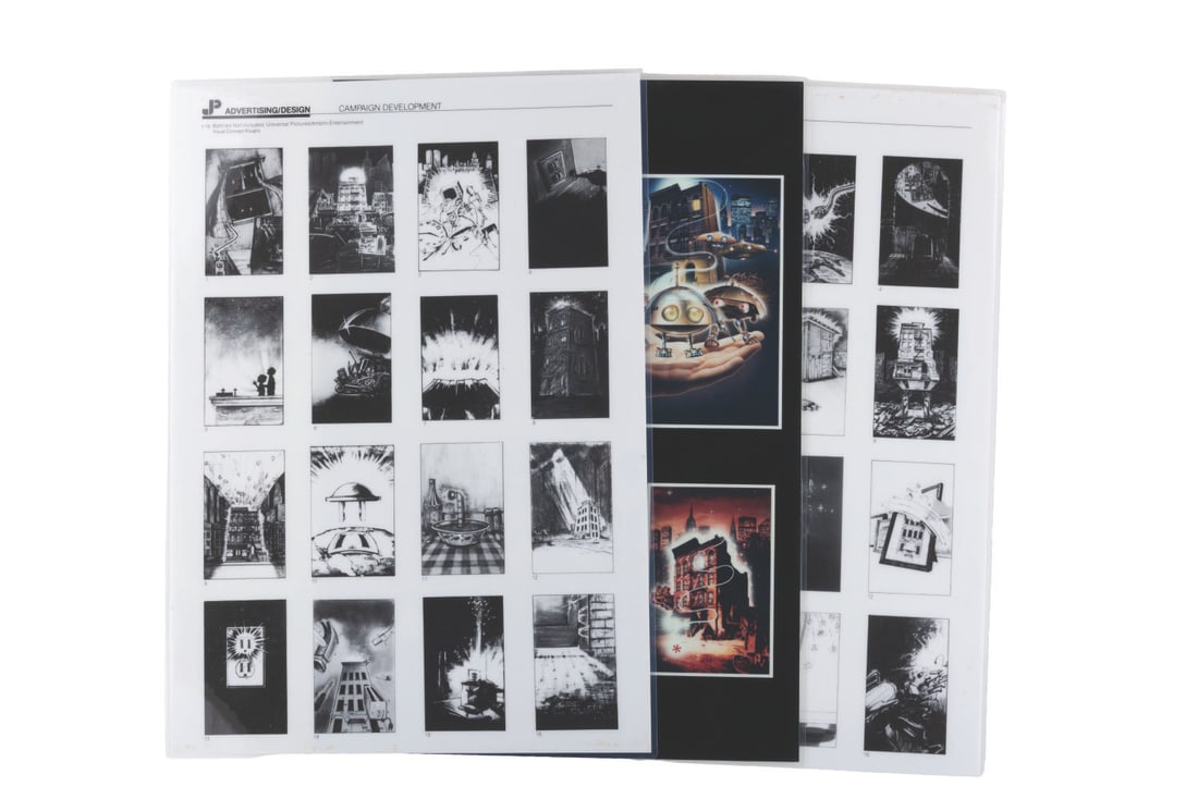 Three "Batteries Not Included" Advertising Presentation Boards.: (Universal, 1987) Three laminated presentation boards showing visual concept roughs and one-sheet variations for "Batteries Not Included." Measuring 12.25" and 17.5", the laminated presentation