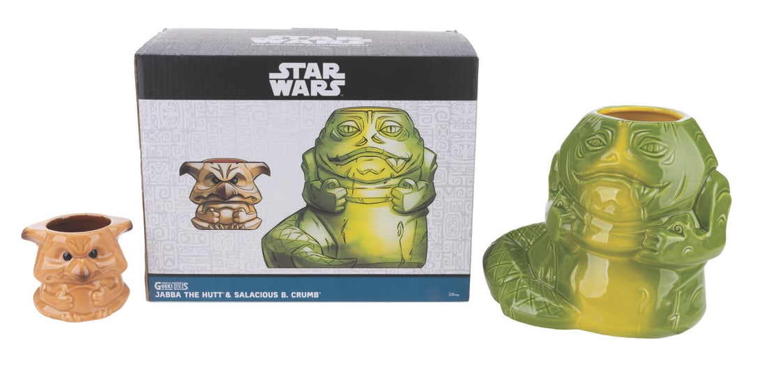 A Star Wars Jabba the Hutt & Salacious Crumb Tiki Mug Set.: (Geeki Tikis, 2017) A Jabba the Hutt & Salacious B. Crumb tiki mug set, released exclusively at Star Wars Celebration 2017. Jabba measures 7.5" x 4.5" x 6.5" tall and Salacious Crumb is 2.75" tall