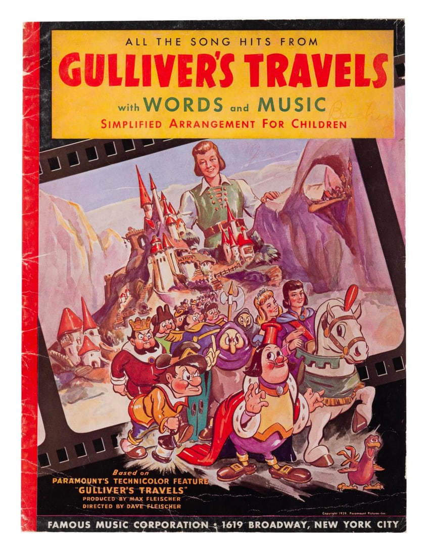 A "Gulliver's Travels" Songbook.: (Paramount/ Famous Music Corp., 1939) A 13-page song, picture, and sheet music book for "Gulliver's Travels," the Fleischer Studios' first full-length animated feature. Measuring 9" x 12", the book