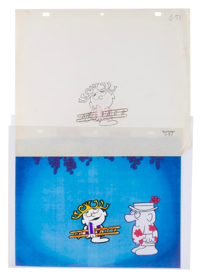 A Grape Hawaiian Punch Production Cel and Drawing.: (Hawaiian Punch, 1960s) An original production cel and drawing of Punchy the Hawaiian Punch mascot, most likely from a 1966 commercial with the introduction of grape flavor. With a character size of