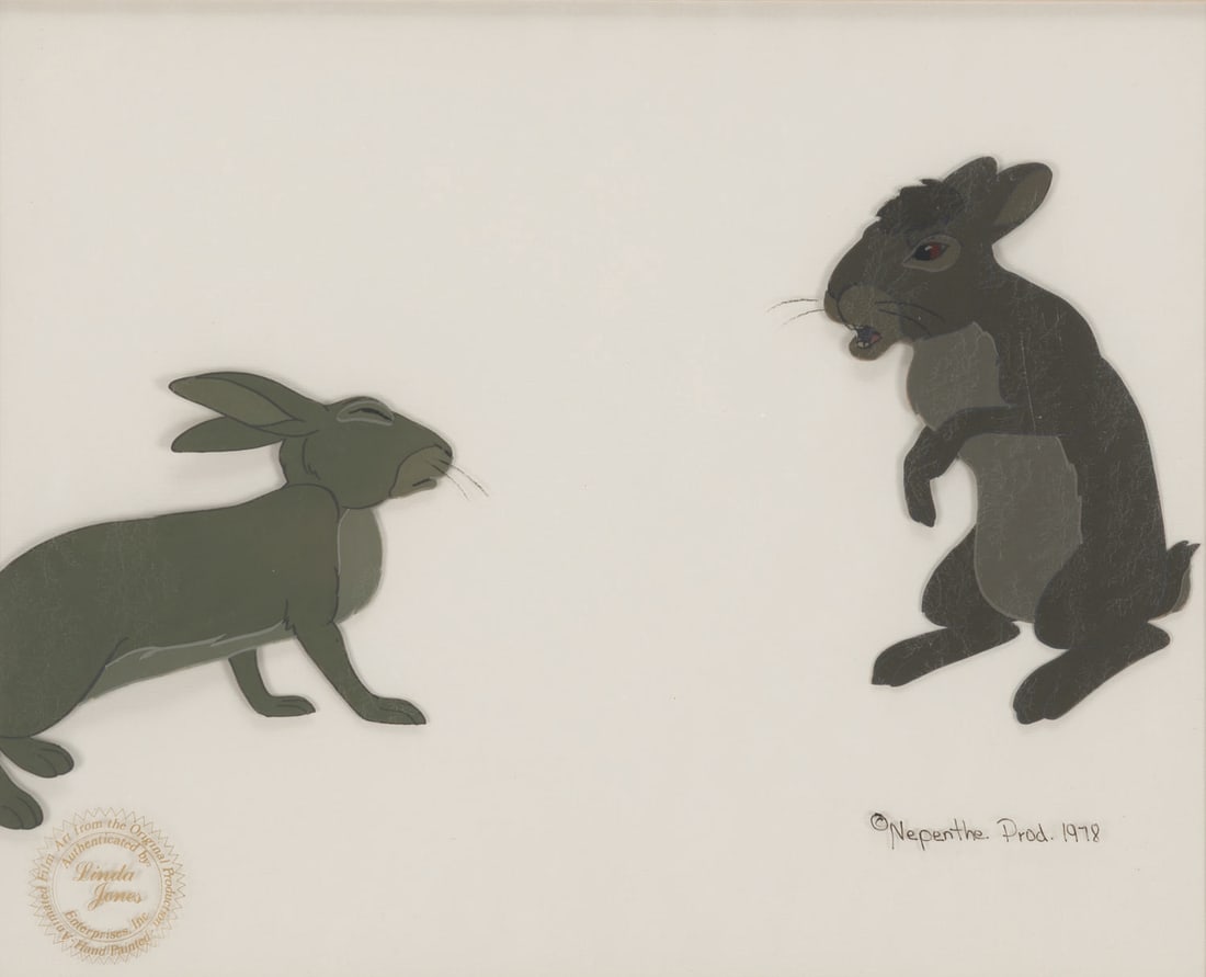 A "Watership Down" Original Production Cel.: (Cinema International Corporation, 1978) An original production cel of rabbits Hazel and Bigwig from the animated film "Watership Down." Hazel measures 4.5" x 4.5" and Bigwig 4" x 5.25" on a 10.5" x