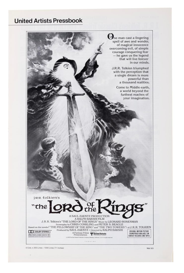 A "The Lord of the Rings" Press Book.: (United Artists, 1978) A press book for Ralph Bakshi?s animated adaptation of "The Lord of the Rings." Measuring 11" x 17", the press book is in good condition with a light center fold, creases, some