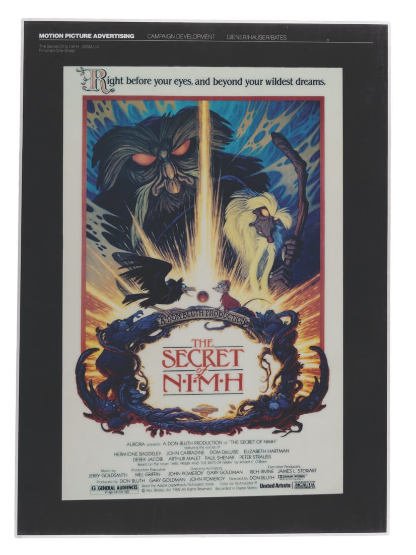 A "The Secret of NIMH" One-Sheet Presentation Board.: (Bluth, 1982) A laminated presentation board of the one-sheet for Don Bluth?s "The Secret of NIMH." Measuring 12.25" x 17.25", the presentation board is in good production-used condition with scuffs,