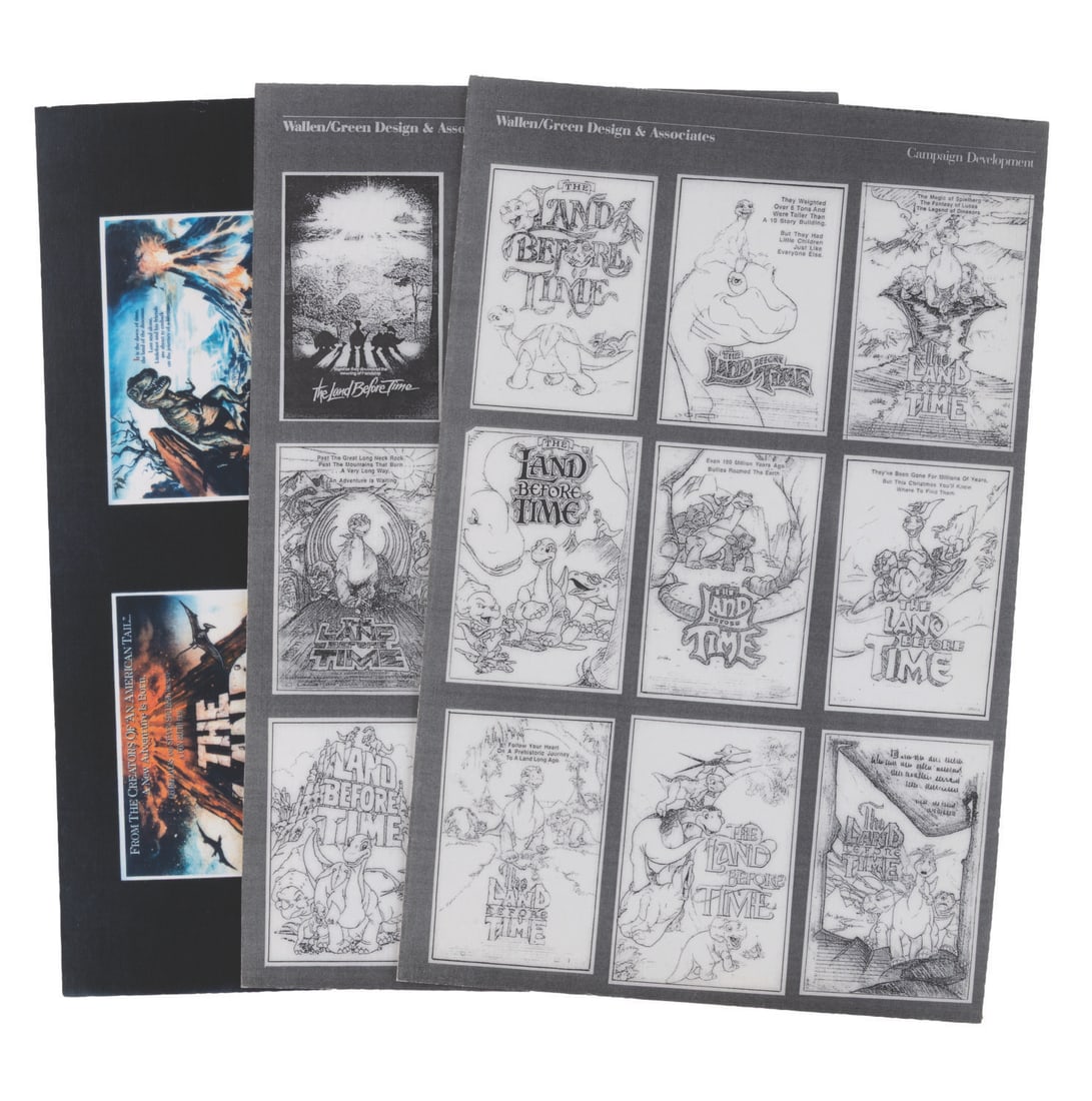 Three "The Land Before Time" Poster Presentation Boards.: (Bluth, 1988) Three presentation boards showing one-sheet variations and concept roughs from "The Land Before Time." Measuring 11" x 17", the boards are in very good production-used condition with