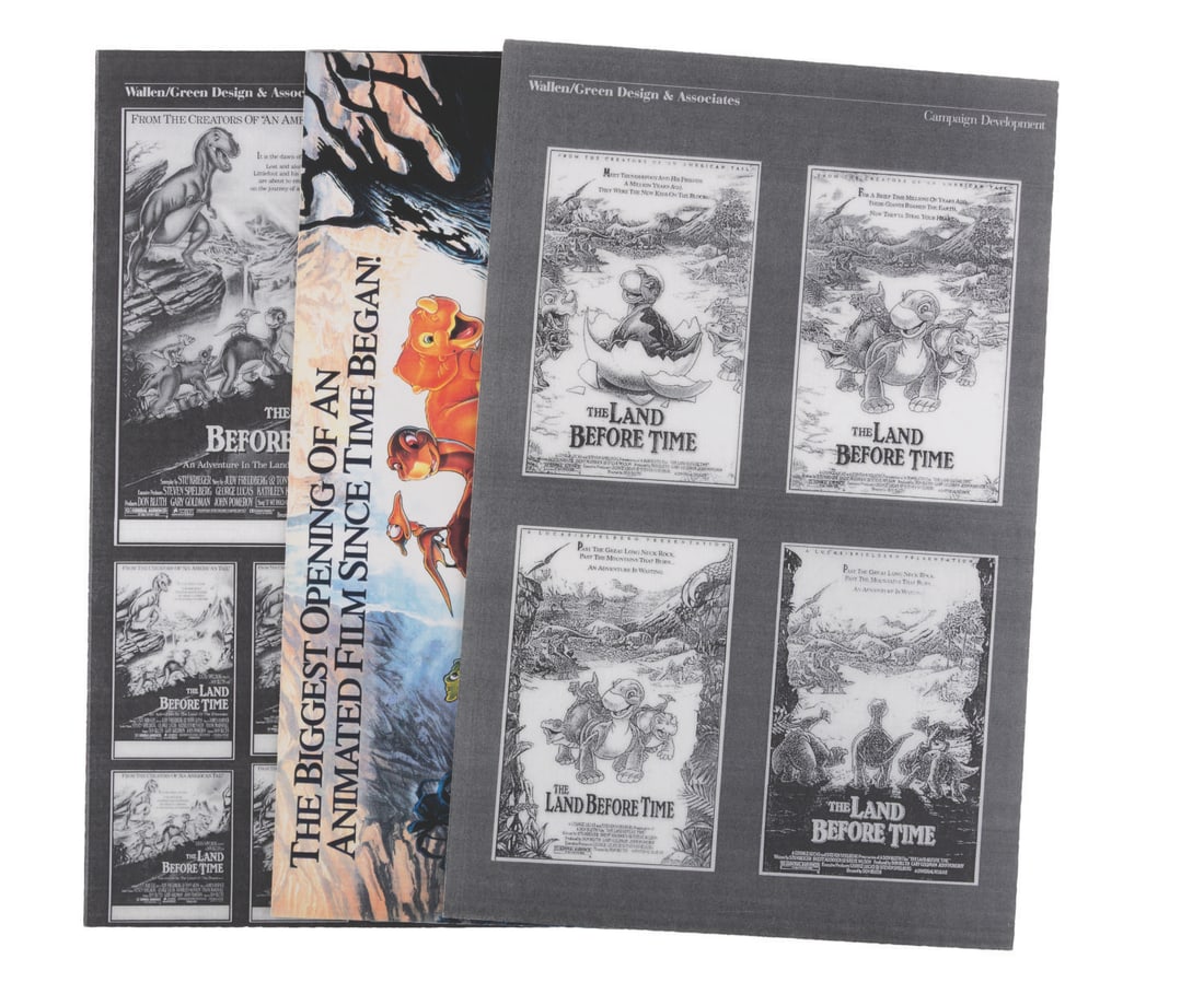 Three "The Land Before Time" Advertising Presentation Boards.: (Bluth, 1988) Three presentation boards of one-sheet variations and a box-office success spread for "The Land Before Time." Measuring 11" x 17", the boards are in very good production-used condition