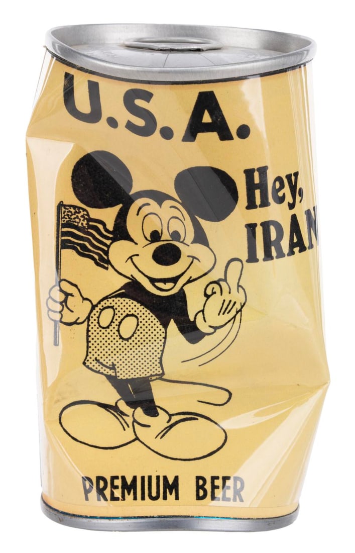 A Mickey Mouse "Hey, Iran!" Beer Can.: (1979-81) A "Hey, Iran!" novelty beer can featuring Mickey Mouse flipping the bird. This iconography and label are from the days of the Iran hostage crisis, in which 66 Americans were held captive in