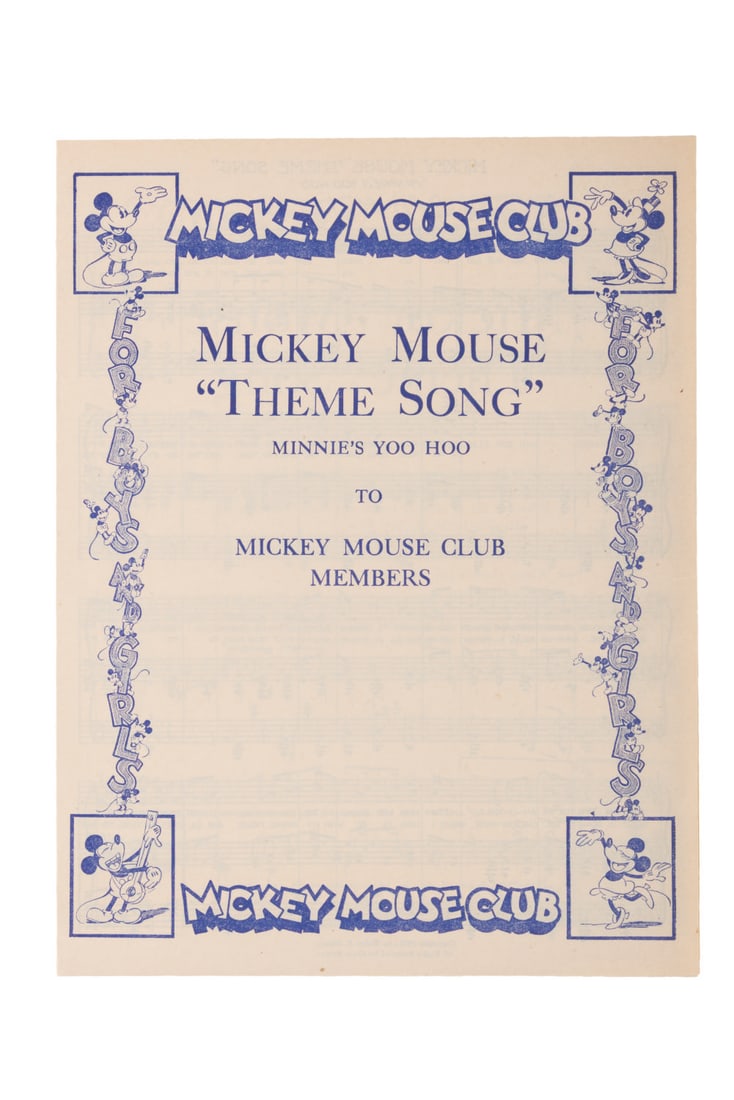 A Mickey Mouse "Theme Song" Sheet Music.: (Disney, 1930) A rare copy of the Mickey Mouse Club theme song, "Minnie?s Yoo Hoo," from the original Club in the 1930s. Meeting in theaters at Saturday matinees, this small-sized sheet music was prin