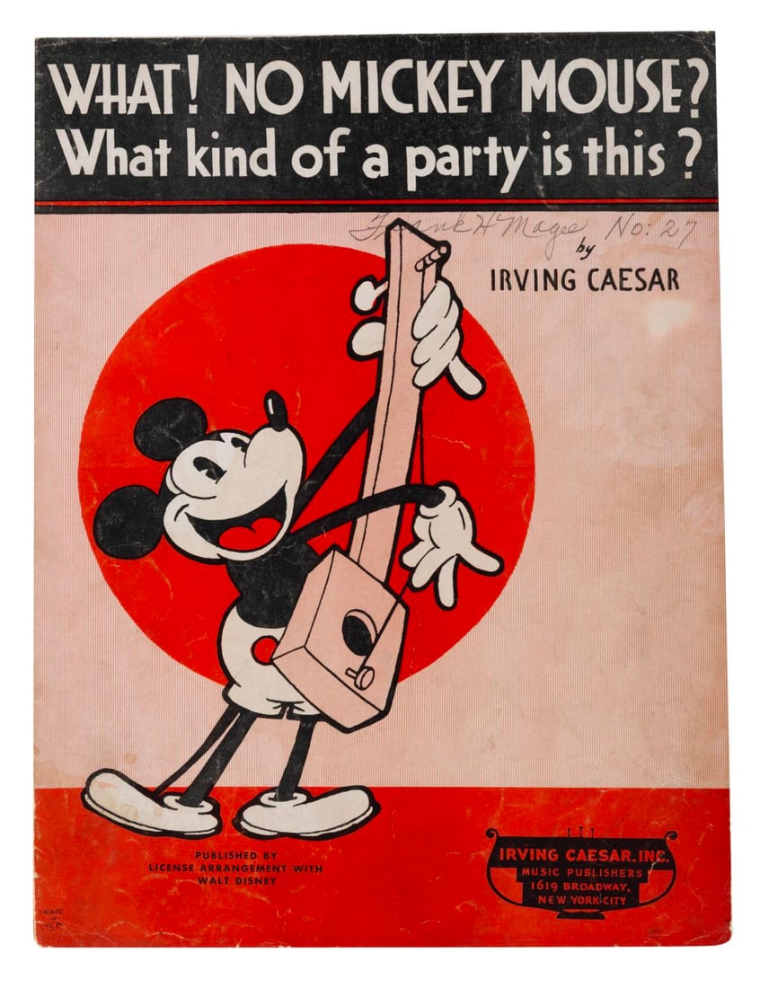 "What! No Mickey Mouse?" Sheet Music.: (Irving Caesar Inc., 1932) Sheet music for "What! No Mickey Mouse?" Measuring 9" x 12", the sheet music is in fair condition with soiling, edge wear, creasing, pencil marks, and a heavily split spine.