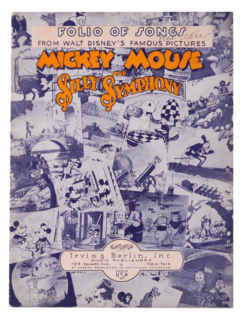 A Mickey Mouse and Silly Symphony Folio of Songs.: (Irving Berlin, Inc., 1933) A 32-page folio of Mickey Mouse and Silly Symphonies songs and sheet music. Measuring 9" x 12" the folio is in very good condition with light edge wear, creasing,