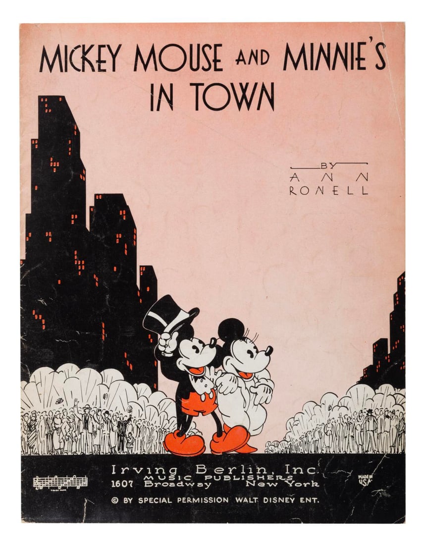 A "Mickey Mouse and Minnie's In Town" Sheet Music.: (Irving Berlin Inc, 1933) A four-page "Mickey Mouse and Minnie's In Town" sheet music booklet. Measuring 9" x 12", the sheet music is in good condition with soiling, creasing, discoloration, fading,