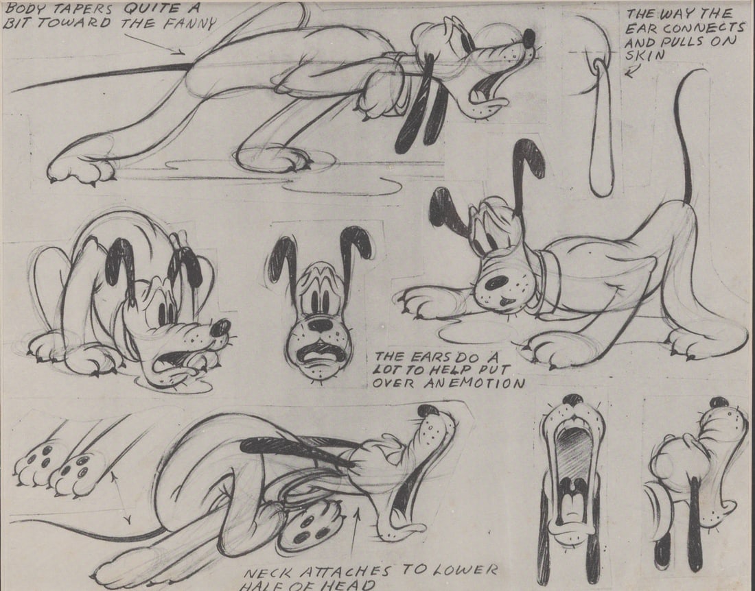 An Early Pluto Photostat Model Sheet.: (Disney, 1930s-40s) An original Studio-produced photostat model sheet of Pluto from an early short, likely "The Pointer." Model sheets such as these were distributed to animators and crew working on