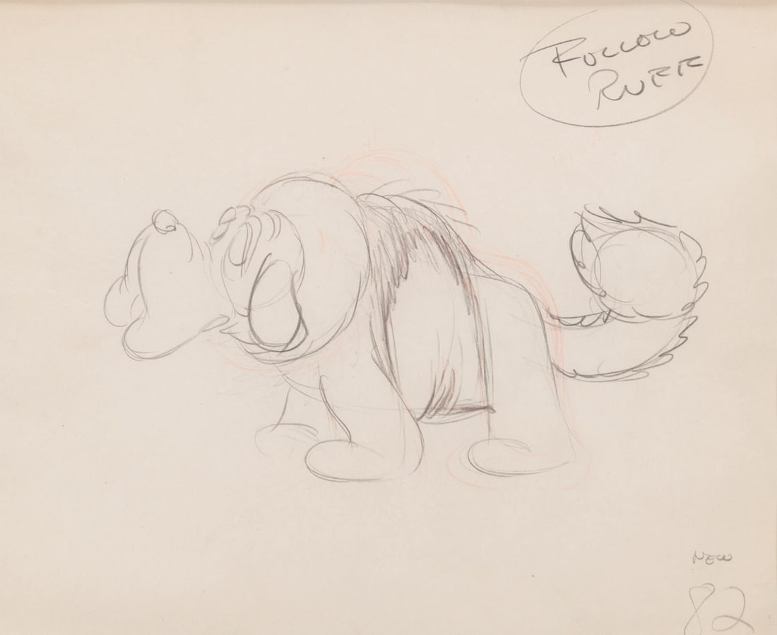 An Original "More Kittens" Production Drawing.: (Disney, 1936) A framed original production drawin of Toliver the St. Bernard from "More Kittens." Toliver measures 4.5" x 8.5" on 9" x 11" animation paper. The entire framed and matted piece