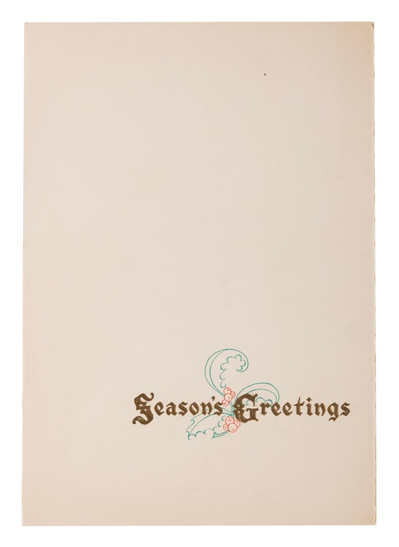 A "Snow White and the Seven Dwarfs" Christmas Card.: (Disney, 1937) A "Walt Disney's Snow White and the Seven Dwarfs" Christmas Card from 1937 featuring a lithographic print of the film?s poster art by Gustaf Tenggren. Measuring 7" x 10", the card is