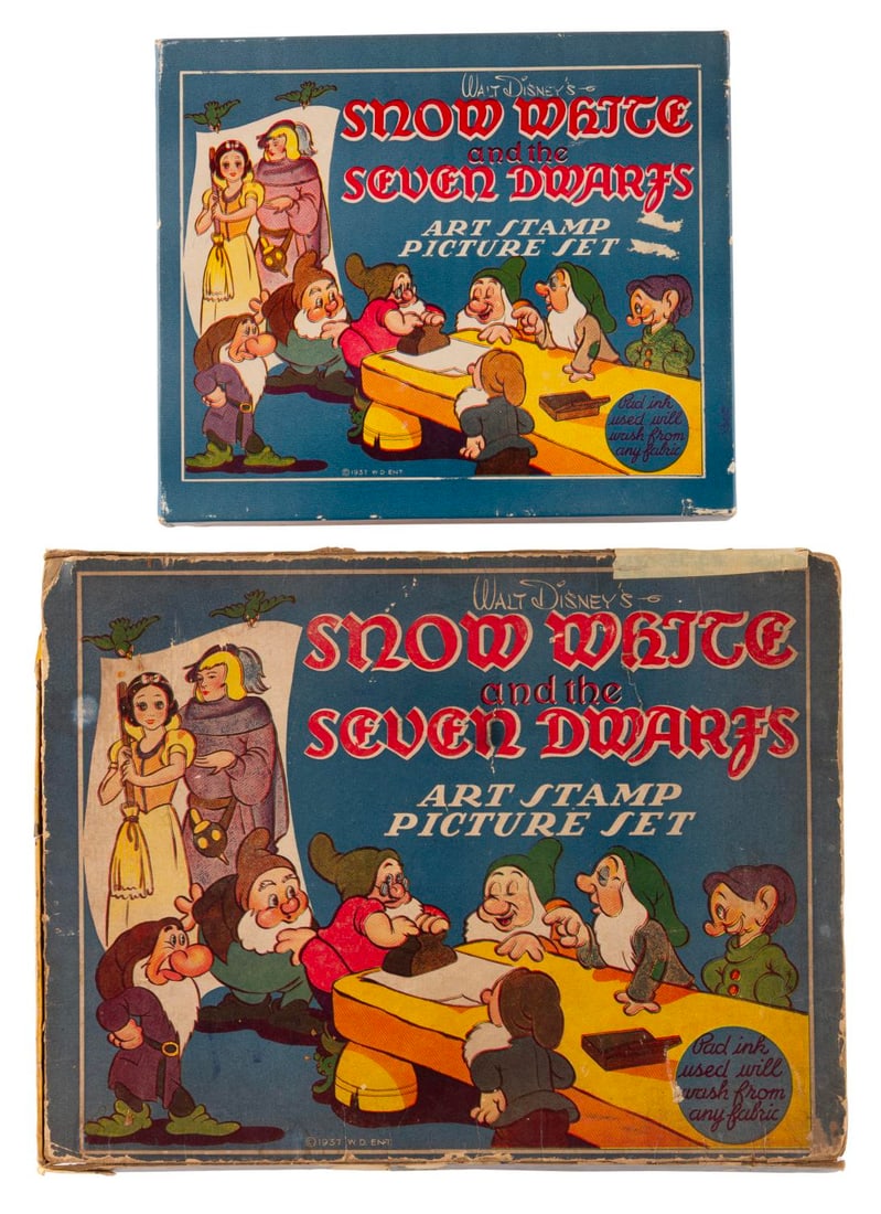 A Pair of Snow White Art Stamp Picture Sets.: (Disney, 1937) Two Snow White and the Seven Dwarfs Art Stamp Picture Sets. The smaller set includes eight rubber stamps of Snow White and the Dwarfs, an ink pad, and the original box. The larger set i