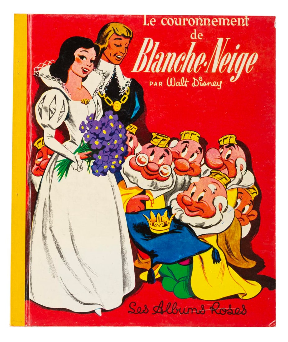 A "Le couronnement de Blanche Neige" Book.: (Les Albums Roses, 1968) A "Le couronnement de Blanche Neige" storybook, continuing the story of "Snow White and the Seven Dwarfs" as Snow White gets married. Measuring 6.5" x 7.5", the book is in ver