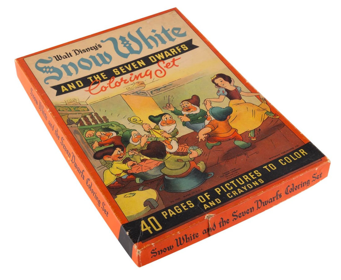 A "Snow White and the Seven Dwarfs" Coloring Set Box.: (Whitman, 1938) A "Snow White and the Seven Dwarfs" Coloring Set. Included in the box are all 40 coloring pages, with the crayons missing. Measuring 8" x 11", the set is in good condition with two spl