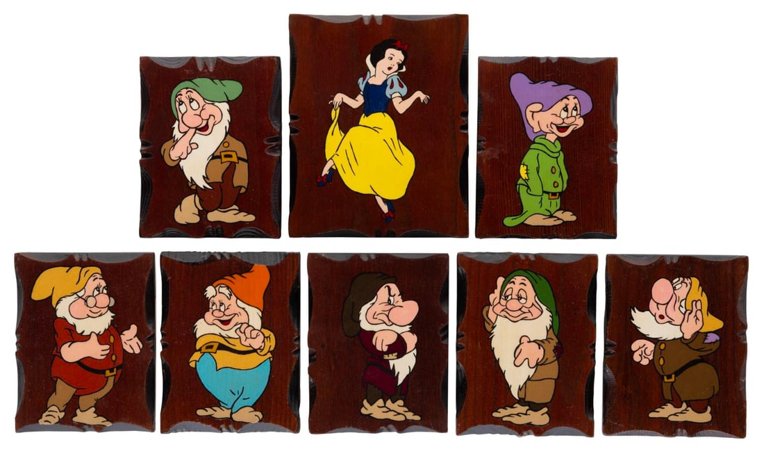 A Set of "Snow White" Wooden Character Plaques.: (Disney, 1950s-80s) A set of eight hand-painted wooden plaques of "Snow White and the Seven Dwarfs." Measuring from 3.5" x 4.5" to 4.5" x 5.5", the plaques are in very good condition with some very