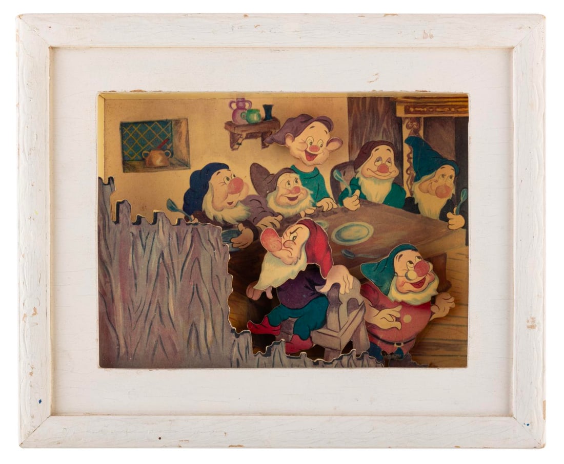 A "Snow White and the Seven Dwarfs" Seven Dwarfs Shadow Box Music Box.: (Disney, 1950s-70s) A very rare "Snow White and the Seven Dwarfs" musical shadow box. When working, pulling a string on the bottom plays "Heigh Ho" while several of the Dwarfs? heads move. This piece 