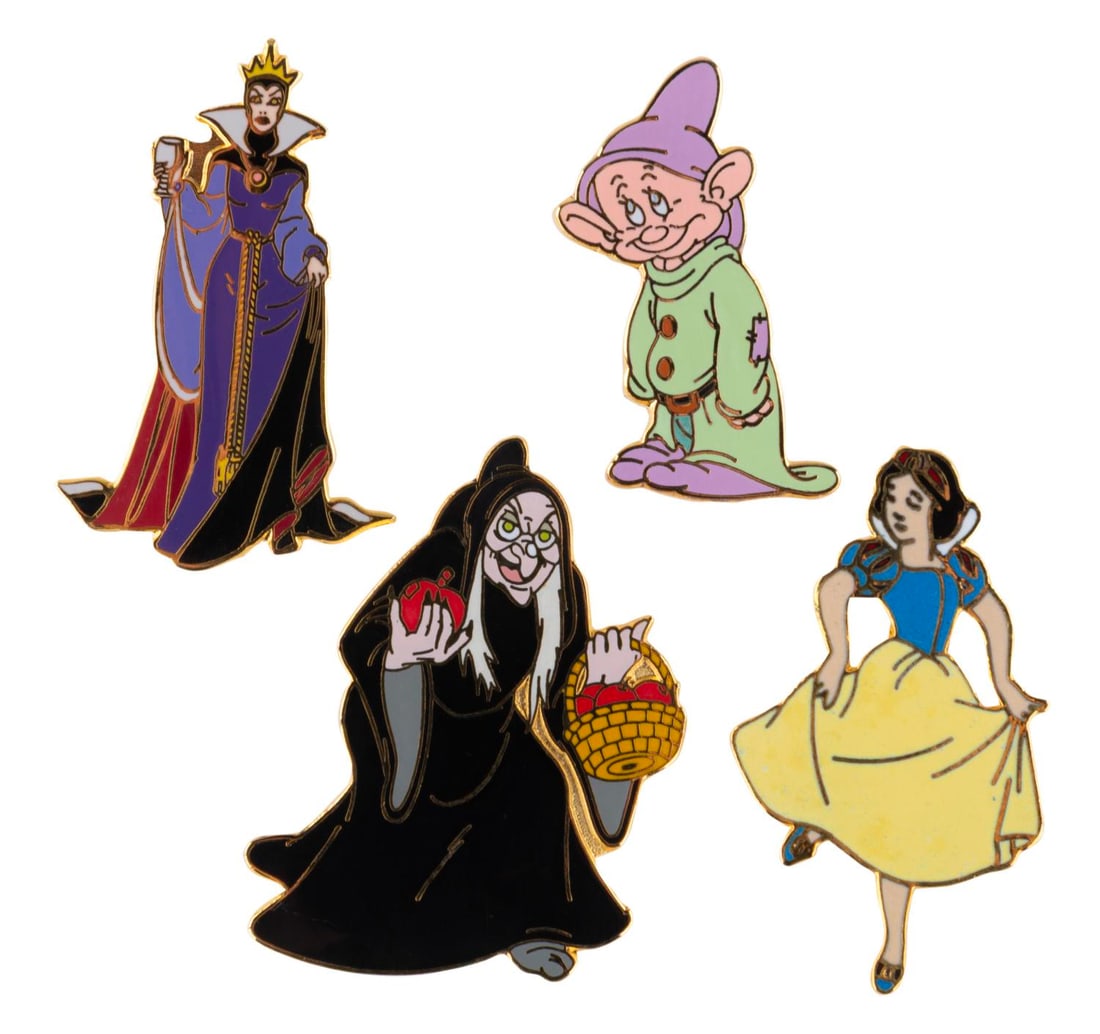 A Collection of "Snow White" Character Pins.: (Disney, 1990s-2000s) A collection of four "Snow White and the Seven Dwarfs" pins, including Snow White, the Old Hag, the Evil Queen, and Dopey. The pins are in good condition with light