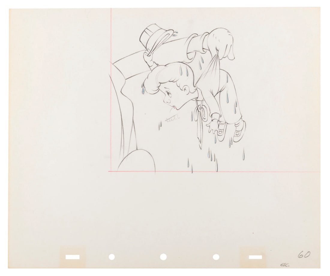 A "Mother Goose Goes Hollywood" Production Drawing.: (Disney, 1938) An original production drawing of Freddie Bartholomew as his "Captains Courageous" character from the "Rub-a-dub-dub, three men in a tub" sequence of "Mother Goose Goes Hollywood."