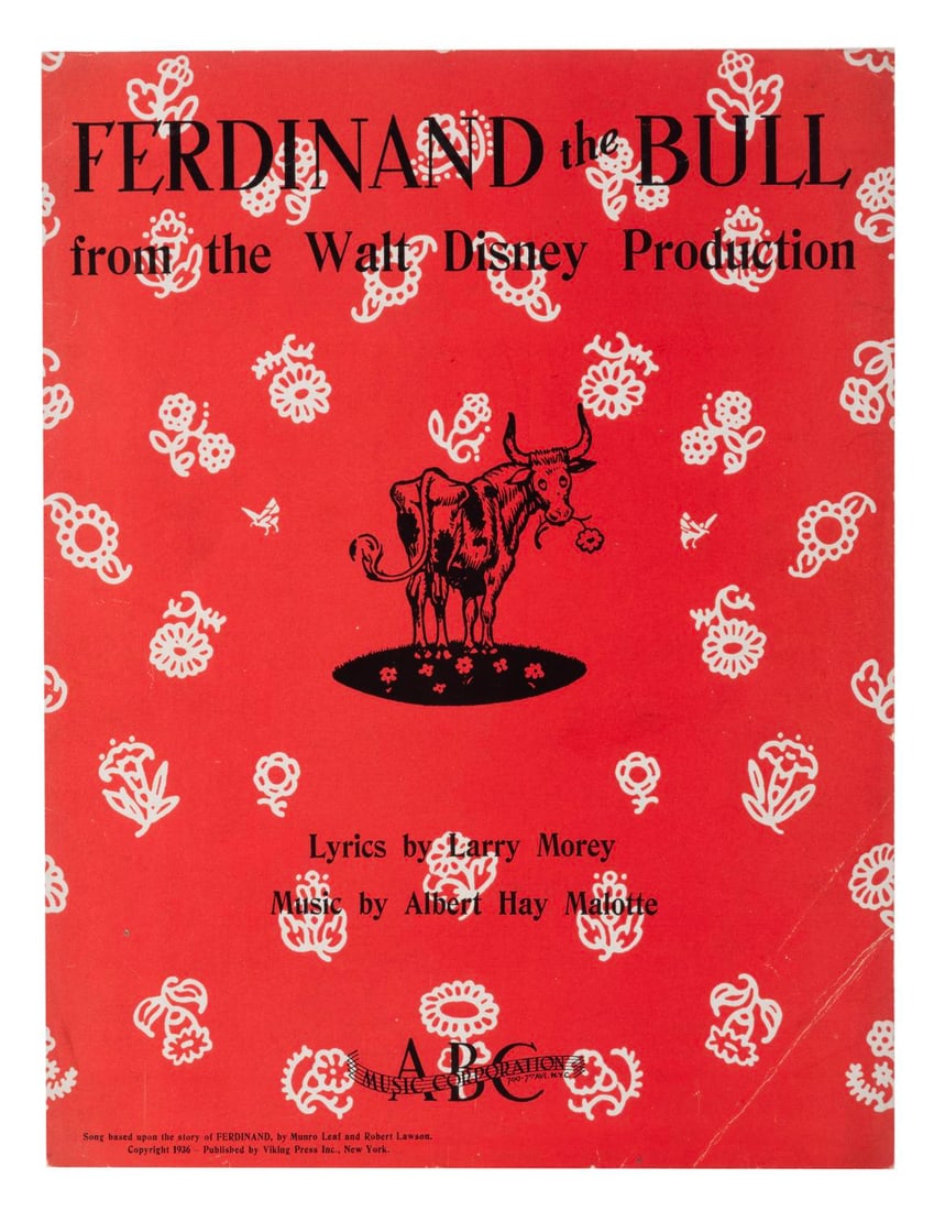 "Ferdinand the Bull" Sheet Music.: (Disney, 1938) Sheet music for the title song from Walt Disney's "Ferdinand the Bull." Measuring 9" x 12", the sheet music displays in good condition with creases throughout, scratches, discoloration