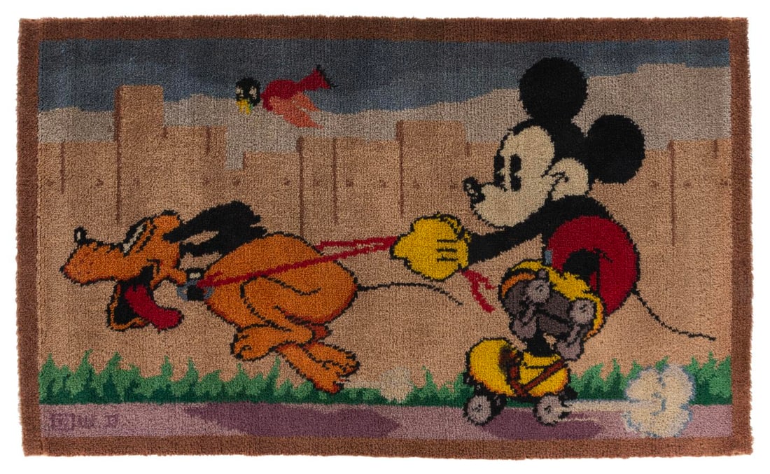 An Alexander Smith Mickey Mouse Tapestry.: (Alexander Smith, 1930s) A colorful tapestry depicting Mickey Mouse rollerskating with Pluto. Created by one of Disney's early licensees, Alexander Smith, the tapestry measures 27" x 48" and is in